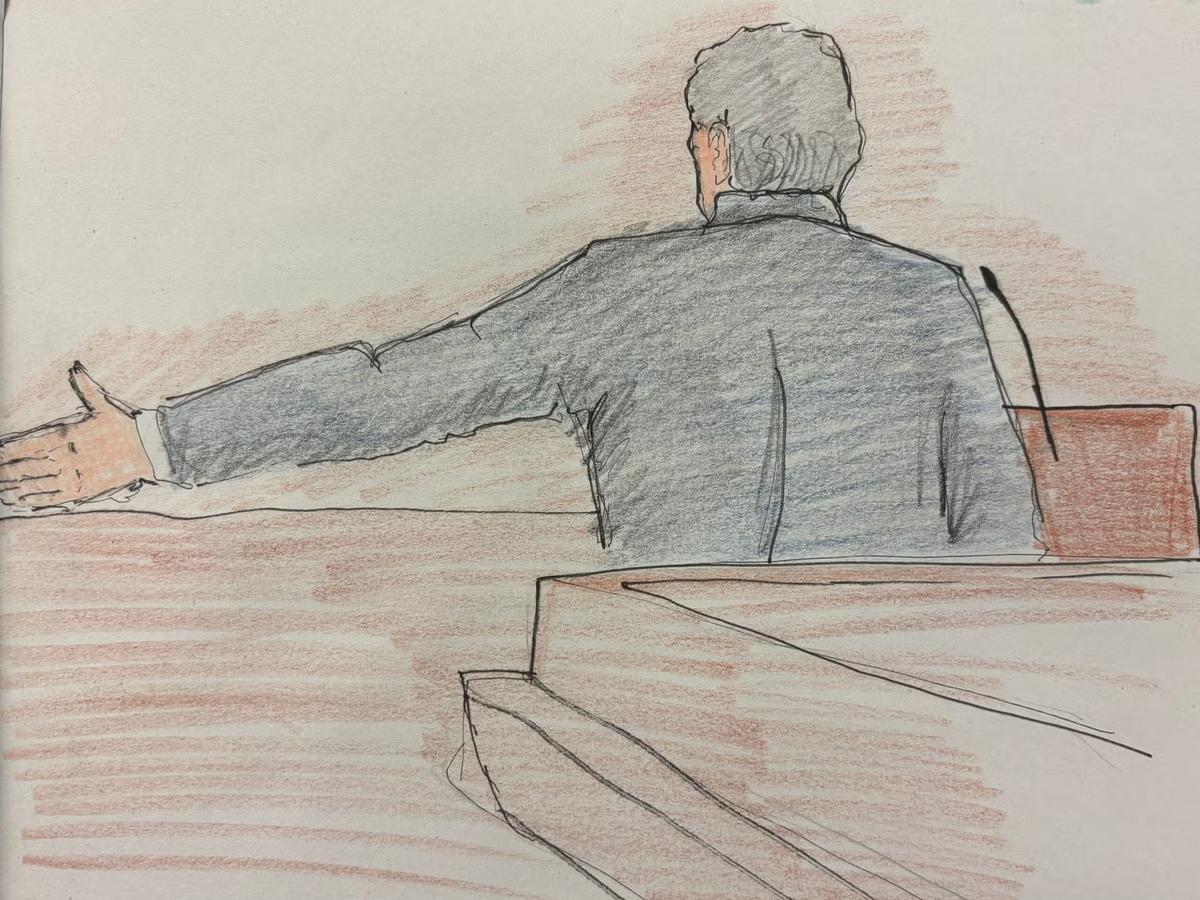 Courtroom sketch of defense attorney giving closing argument