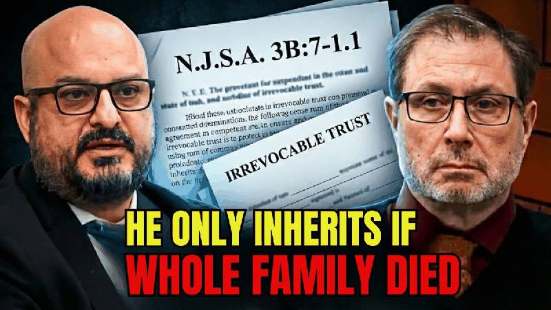 Trust attorney Lazaro Cardenas testifies while Paul Caneiro watches, with documents showing New Jersey's slayer statute and irrevocable trust overlaid